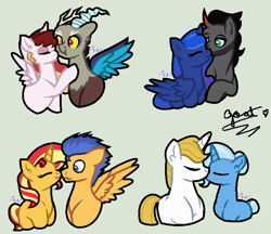 Size: 700x604 | Tagged: safe, artist:brendalobinha, base used, character:discord, character:flash sentry, character:king sombra, character:prince blueblood, character:princess celestia, character:princess luna, character:sunset shimmer, character:trixie, ship:bluetrix, ship:dislestia, ship:flashimmer, ship:lumbra, female, male, shipping, straight