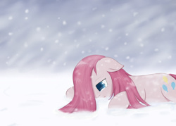 Size: 1120x800 | Tagged: safe, artist:muffinsforever, character:pinkamena diane pie, character:pinkie pie, species:earth pony, species:pony, crying, female, lying down, prone, snow, snowfall, solo