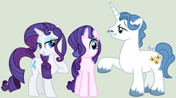 Size: 2188x1228 | Tagged: safe, artist:brendalobinha, character:fancypants, character:rarity, oc, oc:pretty opal, parent:fancypants, parent:rarity, parents:raripants, species:pony, species:unicorn, ship:raripants, family, female, green background, hair over one eye, male, mare, offspring, shipping, simple background, straight