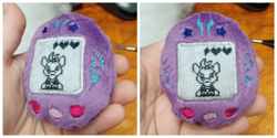 Size: 2048x1024 | Tagged: safe, artist:sew_adorkable, artist:trashkitten-plushies, character:tempest shadow, my little pony: the movie (2017), buttons, crossover, cute, embroidery, irl, movie, photo, plushie, solo, storm king's emblem, tamagotchi, tempestbetes