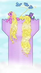 Size: 560x1001 | Tagged: safe, artist:kaikaku, character:spike, character:spike (g1), species:bird, species:dragon, species:earth pony, species:pony, g1, baby, baby dragon, braid, female, impossibly long hair, impossibly long tail, long hair, long mane, long tail, mare, rapunzel, rapunzel (g1), tower