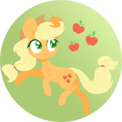 Size: 4000x4000 | Tagged: safe, artist:belka-sempai, character:applejack, species:earth pony, species:pony, apple, clothing, cowboy hat, cutie mark, cutie mark background, female, food, gradient background, hat, hooves, lineless, mare, smiling, solo