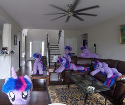 Size: 1285x1080 | Tagged: safe, artist:earthenhoof, artist:plushwaifus, character:twilight sparkle, species:pony, species:unicorn, clones, couch, cute, duplication, female, head tilt, irl, leaning, life size, looking at you, mare, multeity, on back, photo, plushie, prone, sparkle sparkle sparkle, standing