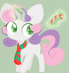 Size: 4000x4249 | Tagged: safe, artist:belka-sempai, character:sweetie belle, species:pony, species:unicorn, blank flank, candy, candy cane, clothing, cute, female, filly, foal, food, glowing horn, hooves, horn, levitation, lineless, magic, scarf, simple background, smiling, solo, sweetie belle's magic brings a great big smile, telekinesis