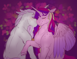 Size: 1261x966 | Tagged: safe, artist:frowoppy, character:fleur-de-lis, character:princess cadance, species:alicorn, species:pony, species:unicorn, ship:fleurdance, eyes closed, female, infidelity, lesbian, mare, shipping, smiling