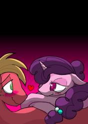 Size: 4964x7020 | Tagged: safe, artist:zemlya, character:big mcintosh, character:sugar belle, species:earth pony, species:pony, species:unicorn, ship:sugarmac, absurd resolution, blushing, colored pupils, crossed hooves, cuddling, duo, eye contact, female, floating heart, floppy ears, freckles, gradient background, heart, looking at each other, lying on top of someone, male, mare, on side, on top, pixiv, shipping, stallion, straight, wavy mouth