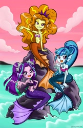 Size: 3300x5100 | Tagged: safe, artist:chibi-jen-hen, character:adagio dazzle, character:aria blaze, character:sonata dusk, my little pony:equestria girls, absurd resolution, belly button, breasts, cleavage, female, fins, mermaid, mermaidized, midriff, sirens doing siren things, smiling, species swap, tail, the dazzlings