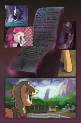 Size: 714x1080 | Tagged: safe, artist:tswt, character:applejack, character:pinkie pie, character:rarity, character:twilight sparkle, comic:friendship update, alternate hairstyle, braid, chicken coop, comic, fence, food, forest, letter, magic, one eye closed, rope, tea, tornado, window, yawn