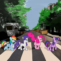 Size: 1000x1000 | Tagged: safe, artist:bojack_mlplove, character:applejack, character:fluttershy, character:pinkie pie, character:rainbow dash, character:rarity, character:twilight sparkle, character:twilight sparkle (alicorn), species:alicorn, species:earth pony, species:pegasus, species:pony, species:unicorn, abbey road, crosswalk, female, mane six, mare, parody, street, the beatles