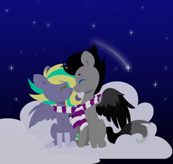 Size: 5000x4740 | Tagged: safe, artist:belka-sempai, oc, oc only, species:pegasus, species:pony, absurd resolution, clothing, cloud, eyes closed, female, hooves, lineless, male, mare, night, night sky, oc x oc, on a cloud, scarf, shared clothing, shared scarf, shipping, shooting star, sitting, sky, smiling, spread wings, stallion, stars, straight, wings