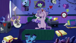 Size: 5760x3240 | Tagged: safe, artist:labglab, edit, edited screencap, rcf community, screencap, character:starlight glimmer, species:pony, species:unicorn, episode:the parent map, g4, alternate hairstyle, bed, boots, clothing, dancing, edgelight glimmer, electric guitar, emo, eyeball, eyes closed, female, goth, guitar, headphones, music, shoes, skull, solo, starlight's room, teenage glimmer, teenager, this explains everything