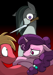 Size: 4964x7020 | Tagged: safe, alternate version, artist:zemlya, character:big mcintosh, character:marble pie, character:sugar belle, species:earth pony, species:pony, species:unicorn, ship:marblemac, ship:sugarmac, absurd resolution, blood, colored pupils, crazy eyes, crying, cuddling, eye contact, female, frown, gradient background, imminent murder, knife, leaning, lidded eyes, looking at each other, male, marble yandere, mare, mouth hold, on side, on top, question mark, scared, shipping, stallion, straight, tears of blood, this will end in death, this will end in tears, this will end in tears and/or death, this will not end well, wide eyes, yandere, yandere eyes