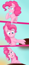 Size: 2200x4800 | Tagged: safe, artist:alltheworldbronyf, character:pinkie pie, comic:where is the cake?, comic, female, light, looking at you, shadow, sky, smiling, solo