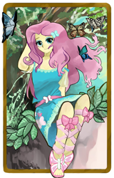 Size: 1000x1563 | Tagged: safe, artist:bojack_mlplove, character:fluttershy, g4, my little pony: equestria girls, my little pony:equestria girls, belt, butterfly, clothing, dress, female, looking at you, sandals, solo