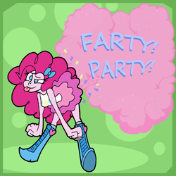 Size: 2400x2400 | Tagged: safe, artist:da-fuze, character:pinkie pie, g4, my little pony: equestria girls, my little pony:equestria girls, boots, bow tie, clothing, confetti, cross-eyed, fart, farting confetti, female, shoes, simple background, skirt, solo, tongue out
