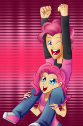 Size: 600x913 | Tagged: safe, artist:icedroplet, character:pinkie pie, bubble berry, converse, humanized, ponidox, riding, rule 63, self paradox, self ponidox, shoes