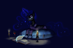 Size: 1458x971 | Tagged: safe, artist:lunarapologist, character:nightmare moon, character:princess luna, species:alicorn, species:pony, book, candle, clothing, female, glasses, mare, nicemare moon, pajamas, pillow, prone, solo, wine