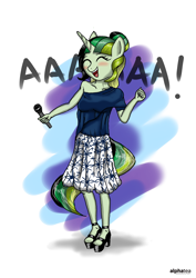 Size: 3506x4963 | Tagged: safe, artist:cakonde, oc, oc only, oc:camellia yasmina, species:anthro, species:plantigrade anthro, species:pony, species:unicorn, anthro oc, bare shoulders, blushing, clothing, dress, dressing, eyes closed, female, happy, high heels, mare, microphone, open mouth, rule 63, shoes, singing, solo, standing