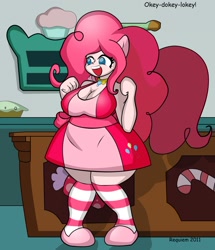 Size: 1280x1487 | Tagged: safe, artist:requiems-dirge, character:pinkie pie, species:human, adorafatty, bbw, breasts, busty pinkie pie, candy, candy cane, cleavage, clothing, cute, dialogue, diapinkes, dress, eared humanization, element of laughter, fat, female, food, hourglass figure, humanized, jewelry, kemonomimi, kitchen, necklace, okie doki loki, pie, pink dress, pudgy pie, shelf, shoes, socks, solo, striped socks, sugarcube corner, table, tailed humanization