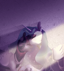 Size: 1146x1268 | Tagged: safe, artist:ipoloarts, character:princess celestia, character:twilight sparkle, character:twilight sparkle (alicorn), species:alicorn, species:pony, ship:twilestia, abstract background, duo, ethereal mane, eyes closed, female, forehead kiss, galaxy mane, kissing, lesbian, love, mare, shipping, smiling, sunshine