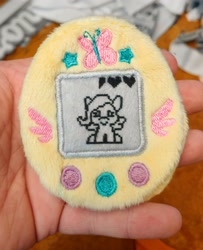 Size: 2672x3283 | Tagged: safe, artist:sew_adorkable, artist:trashkitten-plushies, character:fluttershy, buttons, fluffy, irl, photo, plushie, ponygotchi, solo, tamagotchi, toy