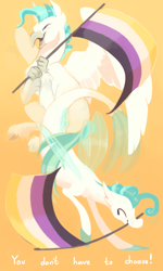Size: 480x800 | Tagged: safe, artist:bananasmores, character:terramar, species:classical hippogriff, species:hippogriff, species:seapony (g4), episode:surf and/or turf, g4, my little pony: friendship is magic, duality, duo, eyes closed, fins, flag, gender headcanon, holding, mouth hold, nonbinary, nonbinary pride flag, open mouth, orange background, ponidox, positive message, positive ponies, pride, pride flag, pride month, self ponidox, simple background, wings