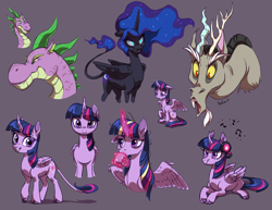 Size: 1024x790 | Tagged: safe, artist:heilos, character:discord, character:nightmare moon, character:princess luna, character:spike, character:twilight sparkle, character:twilight sparkle (alicorn), species:alicorn, species:classical unicorn, species:draconequus, species:dragon, species:pony, species:unicorn, adult, adult spike, bust, cloven hooves, cup, curved horn, ethereal mane, female, galaxy mane, glowing horn, gray background, leonine tail, magic, mare, music notes, older, older spike, portrait, simple background, spikezilla, telekinesis, tired, unshorn fetlocks
