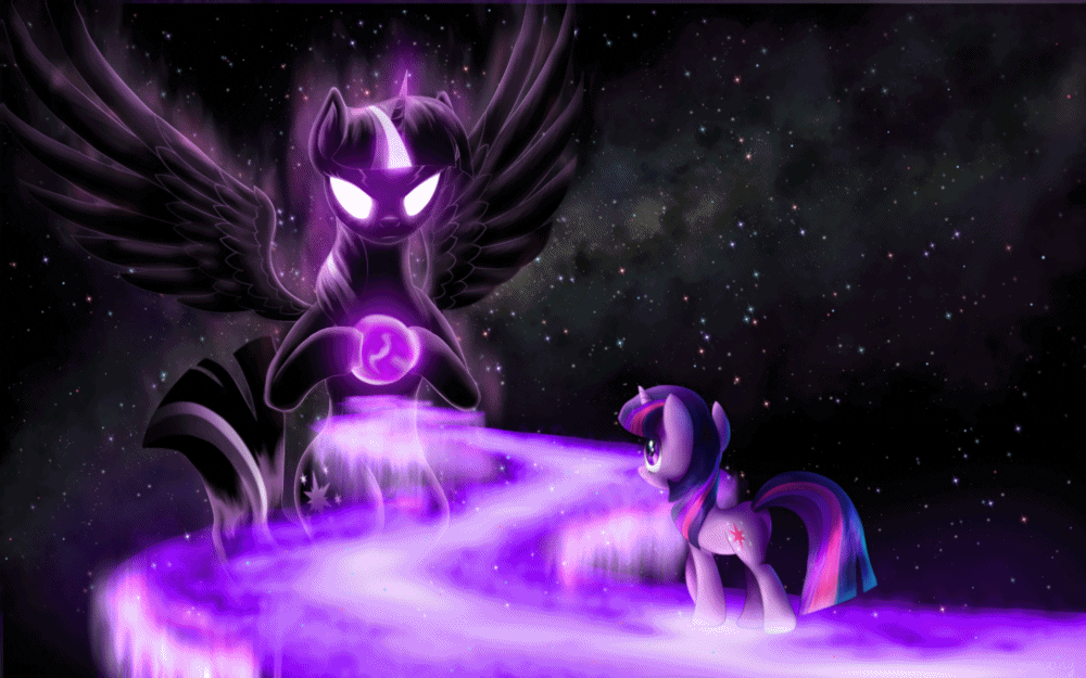 Size: 1000x625 | Tagged: safe, artist:empalu, artist:theshadowscale, character:twilight sparkle, character:twilight sparkle (alicorn), character:twilight sparkle (unicorn), species:alicorn, species:pony, species:unicorn, animated, apotheosis, avatar the last airbender, female, gif, glowing eyes, mare, ponidox, self ponidox, space, spread wings, stars, surreal, wings