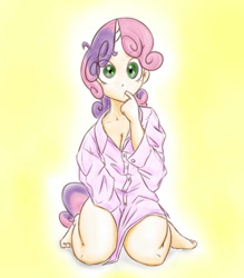 Size: 700x800 | Tagged: safe, artist:flowersimh, character:sweetie belle, species:human, bottomless, clothing, cute, diasweetes, eye clipping through hair, female, horned humanization, humanized, kneeling, oversized clothes, oversized shirt, shirt, sitting, solo, tailed humanization, teenager