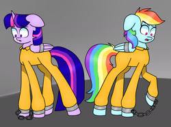 Size: 2180x1624 | Tagged: safe, artist:amazing-ga, artist:kb-gamerartist, character:rainbow dash, character:twilight sparkle, species:alicorn, species:pegasus, species:pony, bound wings, clothing, cuffs, frustrated, jail, never doubt rainbowdash69's involvement, prison, prison outfit, prisoner, prisoner rd, prisoner ts, shackles