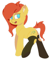 Size: 917x1064 | Tagged: safe, artist:rhythmpixel, oc, oc only, species:earth pony, species:pony, clothing, cutie mark, ear fluff, female, freckles, hooves, leg fluff, leggings, lineless, mare, needle, open mouth, plot, simple background, socks, solo, thread, transparent background