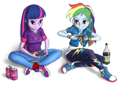 Size: 1400x974 | Tagged: safe, artist:vyazinrei, character:rainbow dash, character:twilight sparkle, g4, my little pony: equestria girls, my little pony:equestria girls, clothing, controller, converse, gaming, geode of super speed, magical geodes, shoes, simple background, sneakers, soda, transparent background