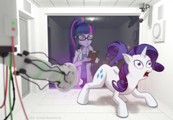Size: 1200x833 | Tagged: safe, artist:vyazinrei, character:rarity, character:twilight sparkle, character:twilight sparkle (scitwi), species:eqg human, species:pony, species:unicorn, my little pony:equestria girls, camera, clipboard, clothing, female, glasses, human to pony, implied transformation, lab coat, mare, ponytail, post-transformation, science, transformation, transformed