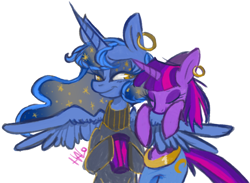 Size: 2000x1466 | Tagged: safe, artist:lavendire, character:princess luna, character:twilight sparkle, species:alicorn, species:pony, ship:twiluna, clothing, ear piercing, earring, female, jewelry, lesbian, lidded eyes, piercing, shipping, smiling, sweater, turtleneck