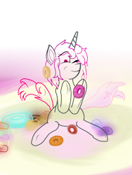 Size: 1536x2048 | Tagged: safe, artist:alltheworldbronyf, oc, oc only, oc:frisky gray, species:pony, species:unicorn, donut, food, one eye closed, one eye open, simple background, smiling, solo, transparent background