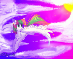 Size: 3000x2427 | Tagged: safe, artist:mediasmile666, character:blossomforth, species:pegasus, species:pony, adoraforth, chest fluff, cloud, cute, ear fluff, female, flying, leg fluff, sky, solo, sparkles, spread wings, sun, wing fluff, wings