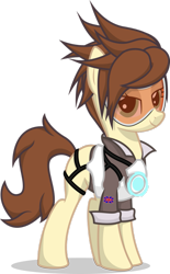 Size: 703x1135 | Tagged: safe, artist:stainless33, oc, species:earth pony, species:pony, bedroom eyes, british, clothing, cosplay, costume, crossover, overwatch, ponified, sexy, simple background, tracer, transparent background, wrong eye color