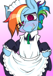 Size: 4248x6024 | Tagged: safe, artist:zemlya, character:rainbow dash, species:pegasus, species:pony, absurd resolution, bipedal, blushing, clothing, female, looking at you, maid, mare, solo