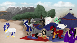 Size: 3840x2160 | Tagged: safe, artist:silviawing, oc, oc:albi light wing, oc:kika, oc:takhisis, species:alicorn, species:changeling, species:pony, species:unicorn, albino, albino changeling, alicorn oc, armor, camping, changeling oc, chest, desert, gold, green changeling, group, nightpony, weapon
