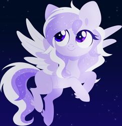 Size: 4000x4120 | Tagged: safe, artist:belka-sempai, oc, oc only, oc:starstorm slumber, species:pegasus, species:pony, chibi, eyelashes, female, flying, hooves, lineless, mare, missing cutie mark, night, night sky, sky, smiling, solo, spread wings, stars, wings