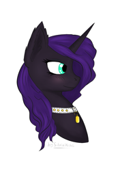 Size: 825x1173 | Tagged: safe, artist:silviawing, oc, oc only, oc:cognitio dissonantia, species:alicorn, species:pony, alicorn oc, bust, collar, cyan eyes, horn, pet tag, portrait, purple hair, solo