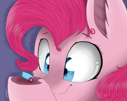 Size: 1024x819 | Tagged: safe, artist:feathershine1, character:pinkie pie, species:pony, episode:school daze, g4, my little pony: friendship is magic, bust, close-up, ear fluff, female, frog (hoof), holding, micro, party cannon, portrait, simple background, solo, the world's smallest party cannon, underhoof