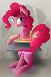Size: 3023x4506 | Tagged: safe, artist:quefortia, character:pinkie pie, species:earth pony, species:pony, aperture science, cake, companion cube, crossover, female, food, mare, portal, portal (valve), solo, test chamber