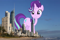Size: 5572x3744 | Tagged: safe, artist:auskeldeo, artist:paganmuffin, character:starlight glimmer, species:pony, species:unicorn, australia, brisbane, female, giant pony, giant starlight glimmer, gold coast, highrise ponies, irl, macro, mare, photo, ponies in real life, smiling, solo