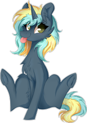 Size: 1627x2312 | Tagged: safe, artist:woonborg, oc, oc only, oc:electro current, species:pony, species:unicorn, cheek fluff, chest fluff, ear fluff, simple background, sitting, solo, tongue out, transparent background, underhoof