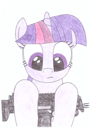 Size: 1024x1448 | Tagged: safe, artist:zocidem, character:twilight sparkle, species:pony, face, female, gun, mare, mp7, traditional art, weapon