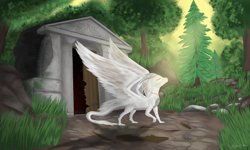 Size: 2500x1500 | Tagged: safe, artist:silviawing, oc, oc only, oc:aeks (flayg) daar karus, species:dragon, commission, cyrillic, dirty, door, grass, russian, scar, tomb, tree, white hair