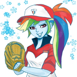 Size: 1000x1000 | Tagged: safe, artist:bojack_mlplove, character:rainbow dash, my little pony:equestria girls, baseball cap, baseball glove, cap, clothing, female, flower, hat, looking at you, simple background, solo