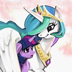 Size: 1000x1000 | Tagged: safe, artist:bojack_mlplove, character:princess celestia, character:twilight sparkle, character:twilight sparkle (alicorn), species:alicorn, species:pony, affection, crown, duo, female, hug, jewelry, mare, momlestia, necklace, regalia, winghug