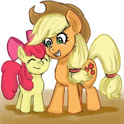 Size: 1000x1000 | Tagged: safe, artist:bojack_mlplove, character:apple bloom, character:applejack, species:earth pony, species:pony, applejack's hat, bow, clothing, cowboy hat, eyes closed, female, filly, hair bow, hat, mare, sisters